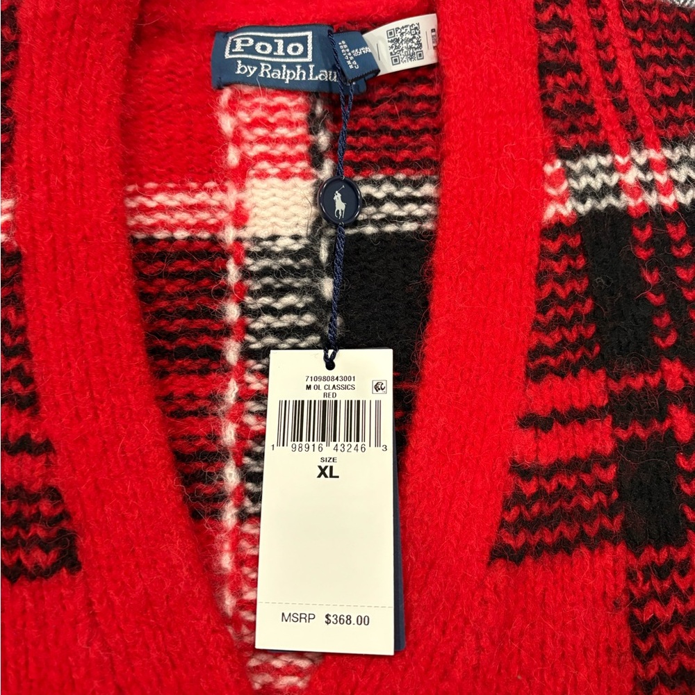 Ralph Lauren Suede-Patch Plaid Wool-Blend Cardigan | color: red combo | size: XL - Picture 7 of 8